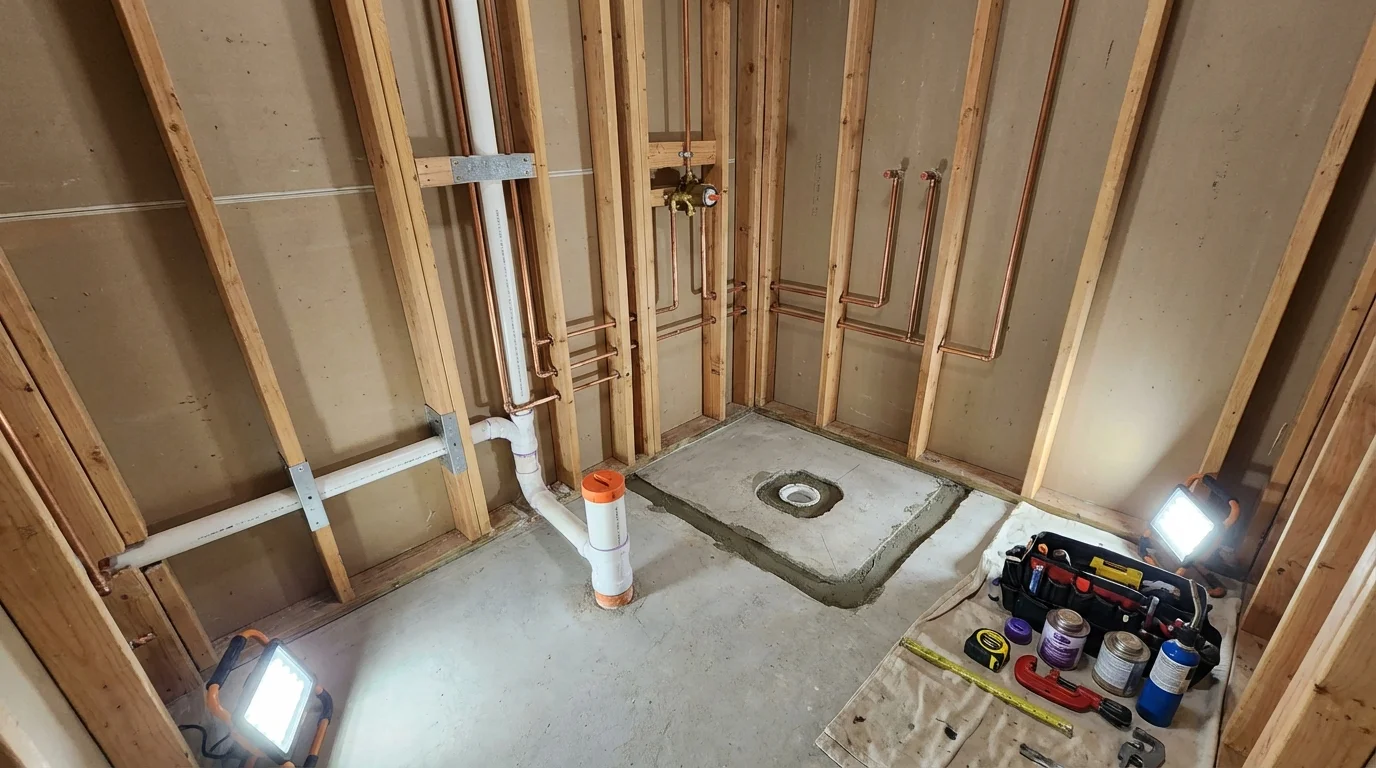 Bathroom rough-in plumbing during remodel by Johns Plumbing LLC in Raceland