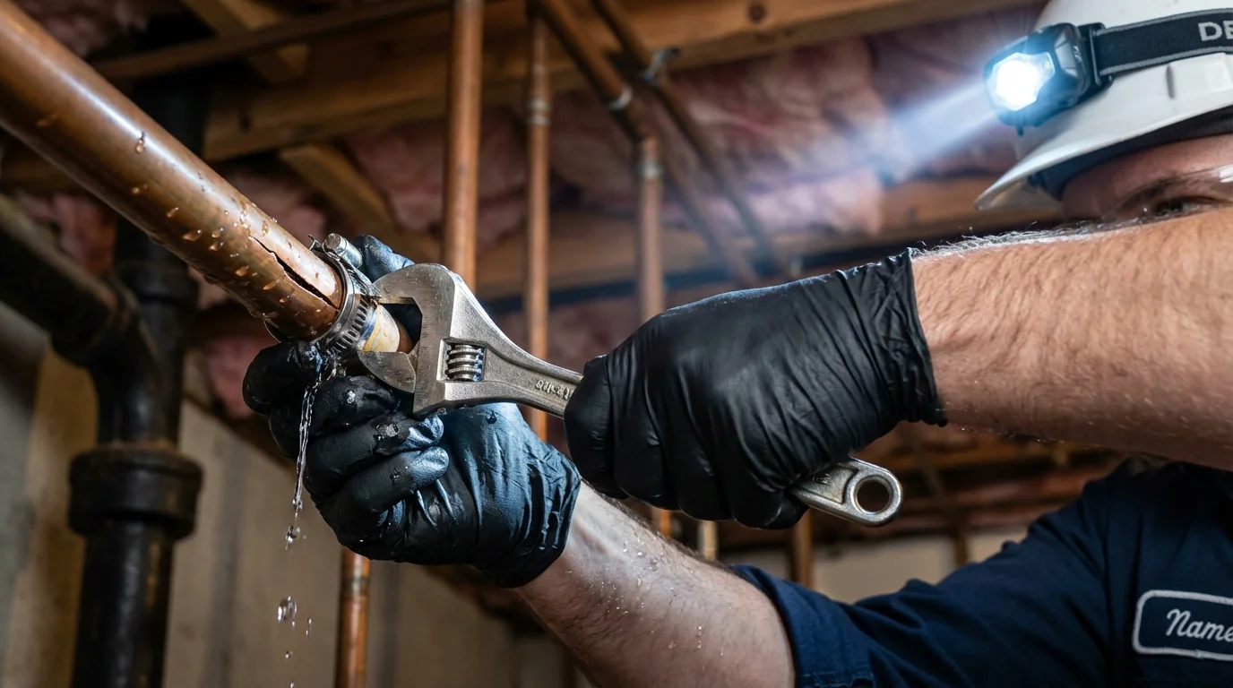 Emergency pipe clamp repair being performed by a Johns Plumbing LLC plumber in Raceland