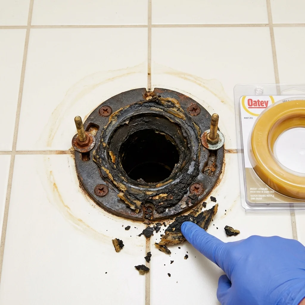 Failed wax ring showing water seepage at the base of a toilet in a Raceland, LA home