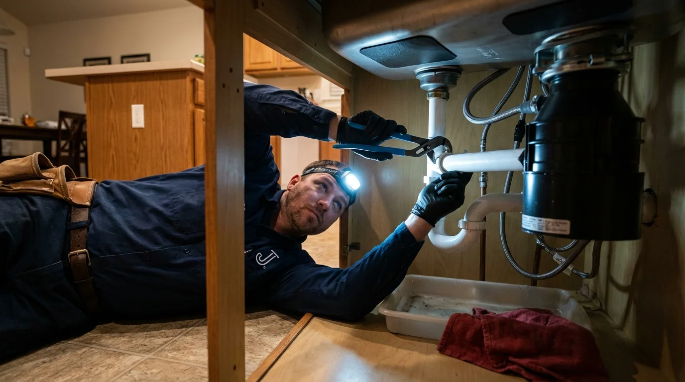 P-trap and supply line connections under a kitchen sink showing a common leak point in Raceland, LA